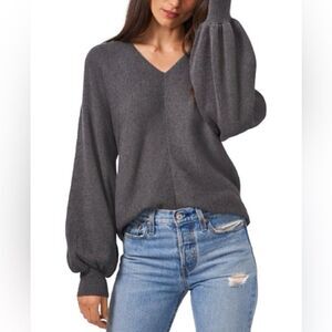 1.State Balloon Lantern Sleeve Sweater Ribbed V Neck Grey Large cotton modal